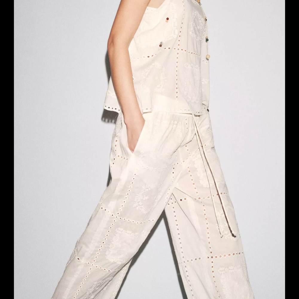 Zara Cream Wide-Leg Trousers with Belted Waist